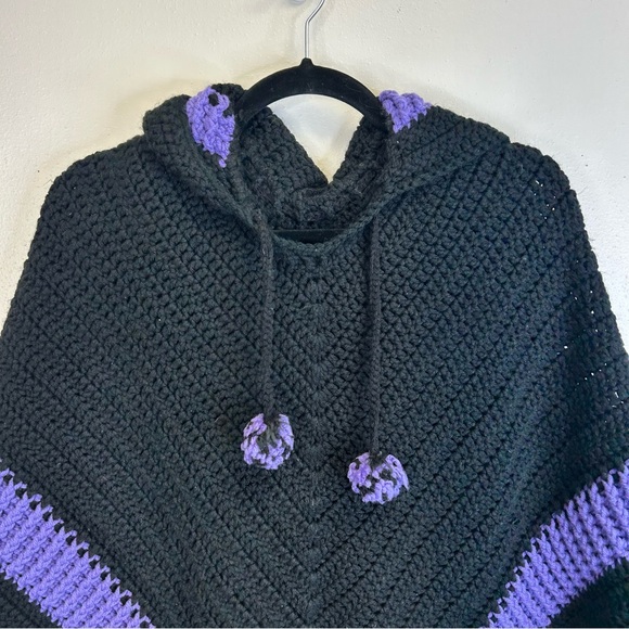 Goth Witchy Fairygoth Black Purple Crotchet Knit Handmade Hooded Poncho Sweater - Picture 4 of 10